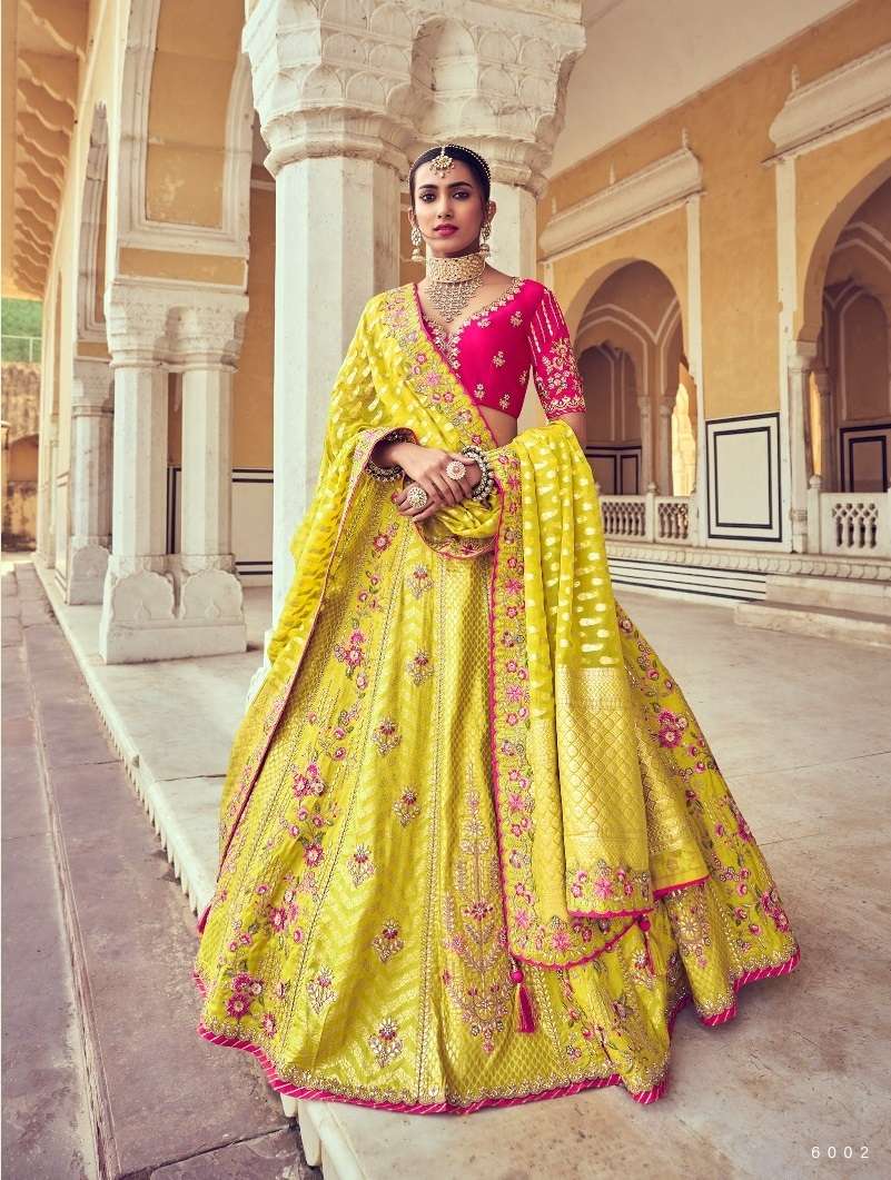 BEST DESIGNER YELLOW BRIDAL WEDDING PARTY WEAR HEAVY PURE SILK LEHENGA CHOLI SM TATHASTU 6002