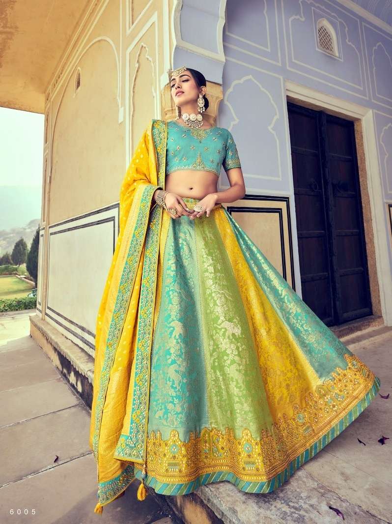 BEST DESIGNER YELLOW GREEN BRIDAL WEDDING PARTY WEAR HEAVY PURE SILK LEHENGA CHOLI SM TATHASTU 6005