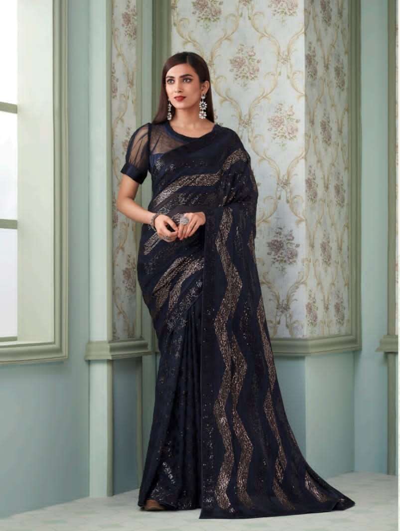 BLACK DESIGNER FANCY WEDDING PARTY WEAR DESIGNER GEORGETTE SILK FABRIC SAREE SM ANMOL INAARA 2403