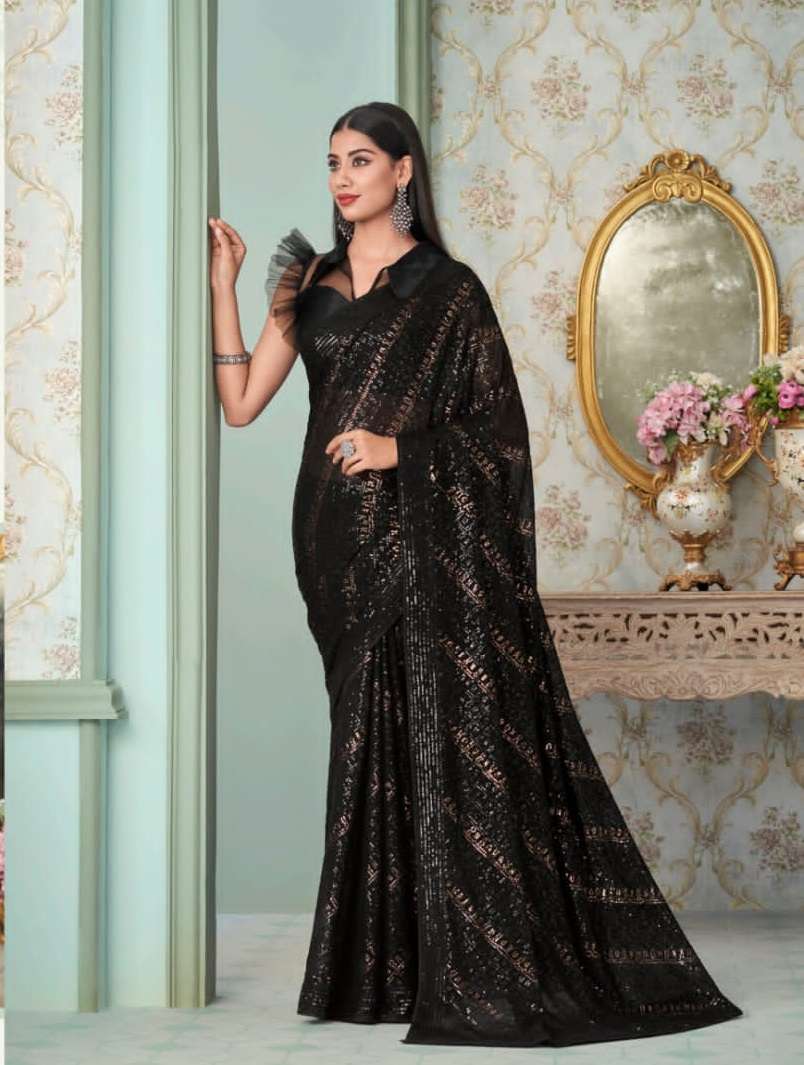 BLACK DESIGNER FANCY WEDDING PARTY WEAR DESIGNER GEORGETTE SILK FABRIC SAREE SM ANMOL INAARA 2408