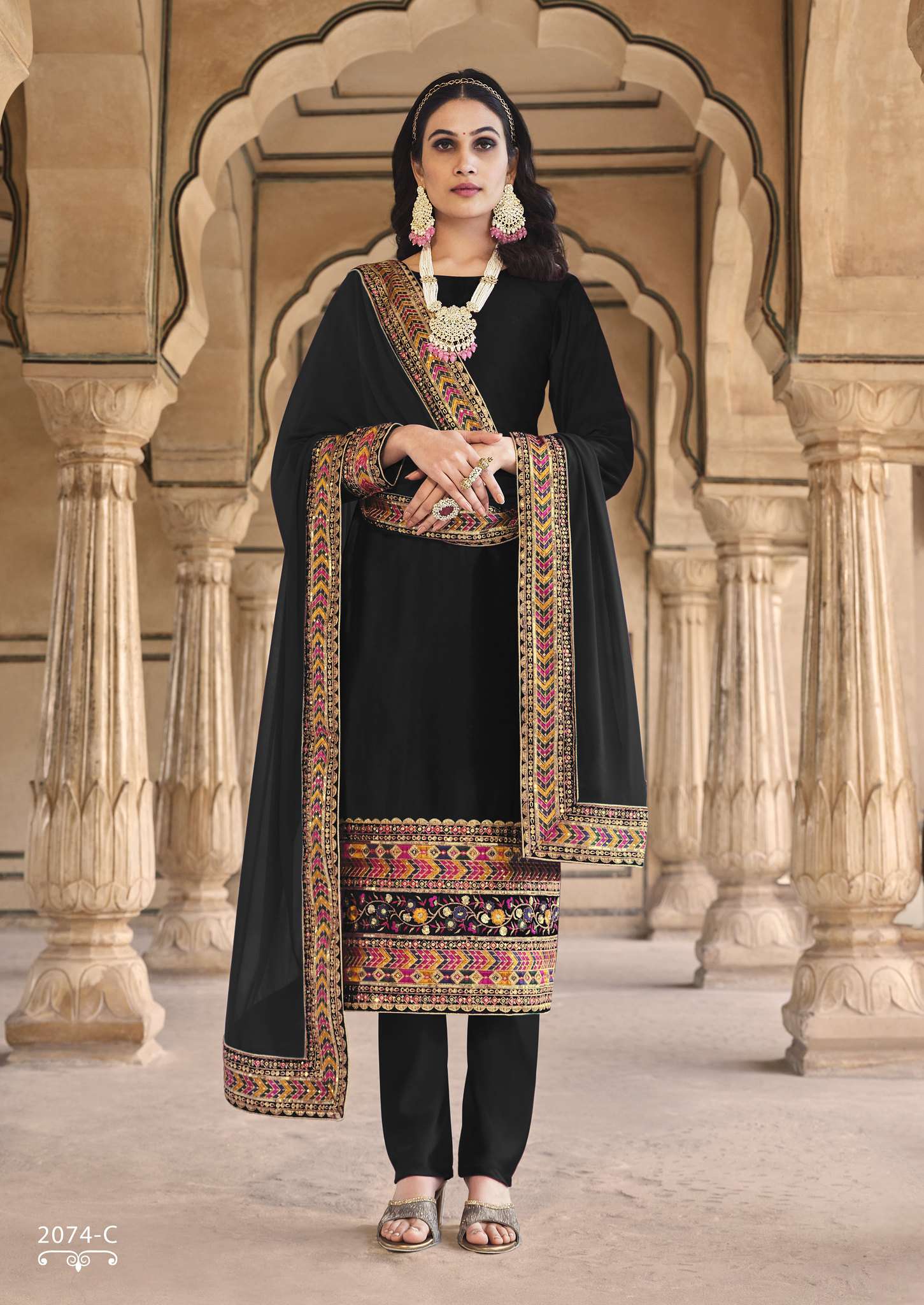 BLACK DESIGNER FANCY WEDDING PARTY WEAR VELVET STRAIGHT PAKISTANI SALWAR SUIT SENHORA 2074C