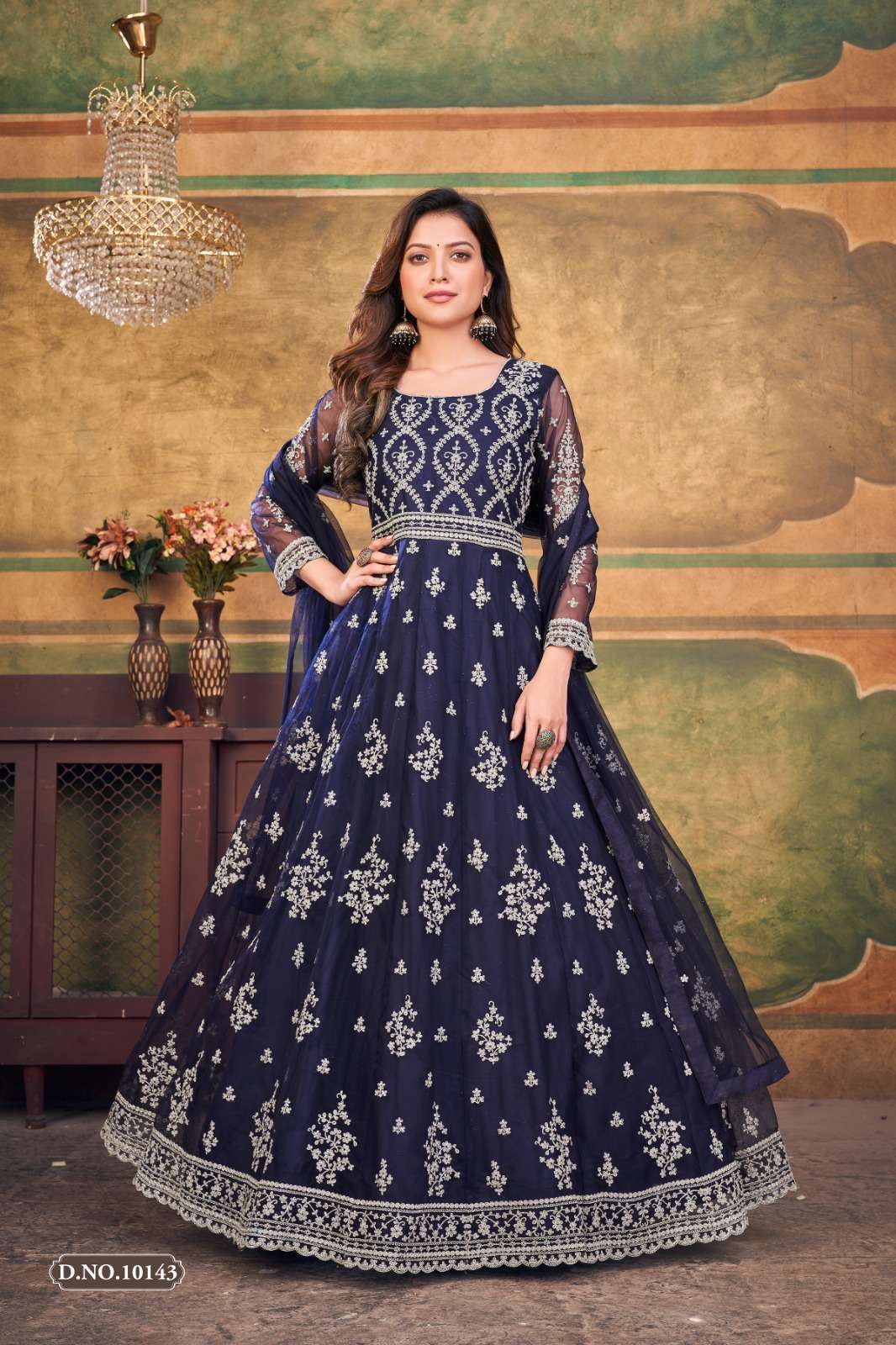 BLUE DESIGNER ANARKALI PARTY WEAR SALWAR SUIT LONG GOWN IN PREMIUM BUTTERFLY NET ANJUBAA 10143