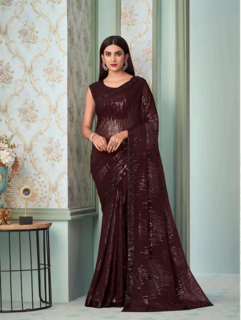 BROWN DESIGNER FANCY WEDDING PARTY WEAR DESIGNER GEORGETTE SILK FABRIC SAREE SM ANMOL INAARA 2411