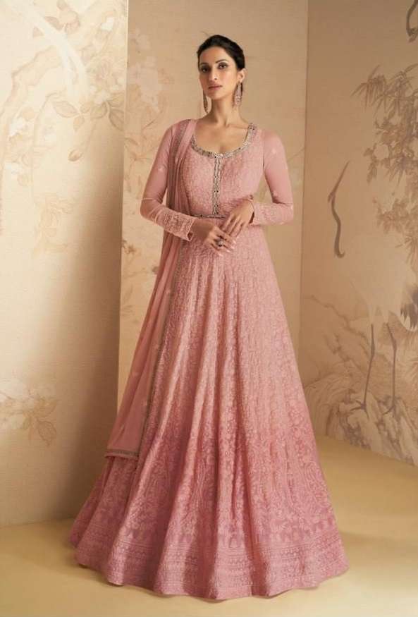 CELEBRITY STYLE DESIGNER ANARKALI PARTY WEAR PINK SALWAR SUIT LONG GOWN IN HEAVY REAL GEORGETTE AF DISHA 9511