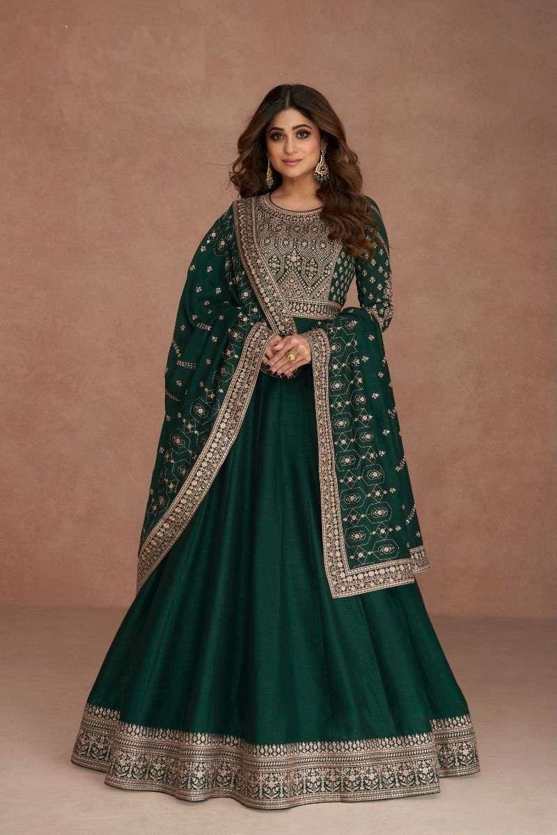 CELEBRITY STYLE DESIGNER GREEN ANARKALI PARTY WEAR SALWAR SUIT LONG GOWN IN PREMIUM CHINON SILK AF NAVYA 9521