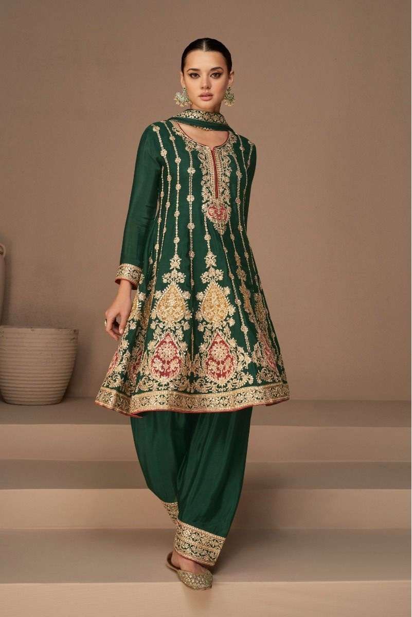 CELEBRITY STYLE DESIGNER GREEN PARTY WEAR CHINON SILK SHARARA SALWAR SUIT IN HEAVY AF HEENA 9588