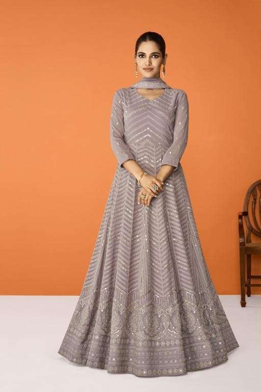 CELEBRITY STYLE DESIGNER GREY ANARKALI PARTY WEAR SALWAR SUIT GOWN IN HEAVY FAUX GEORGETTE JG 9321A