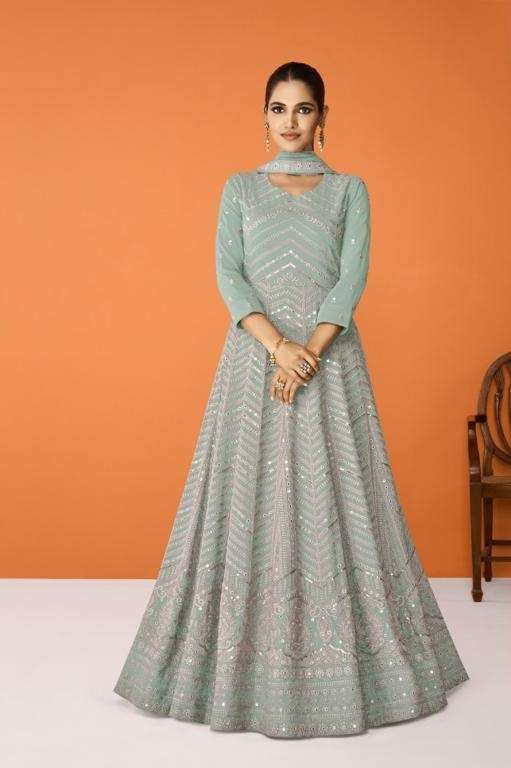 CELEBRITY STYLE DESIGNER PISTA ANARKALI PARTY WEAR SALWAR SUIT GOWN IN HEAVY FAUX GEORGETTE JG 9321B