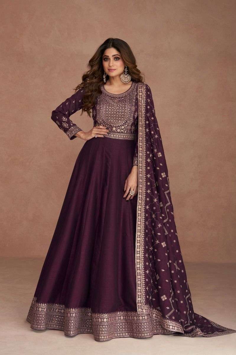 CELEBRITY STYLE DESIGNER PURPLE ANARKALI PARTY WEAR SALWAR SUIT LONG GOWN IN PREMIUM CHINON SILK AF NAVYA 9520