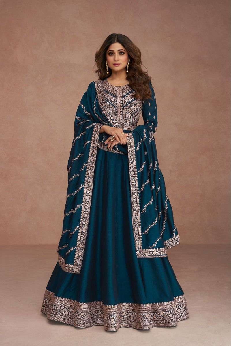 CELEBRITY STYLE DESIGNER RAMA BLUE ANARKALI PARTY WEAR SALWAR SUIT LONG GOWN IN PREMIUM CHINON SILK AF NAVYA 9517