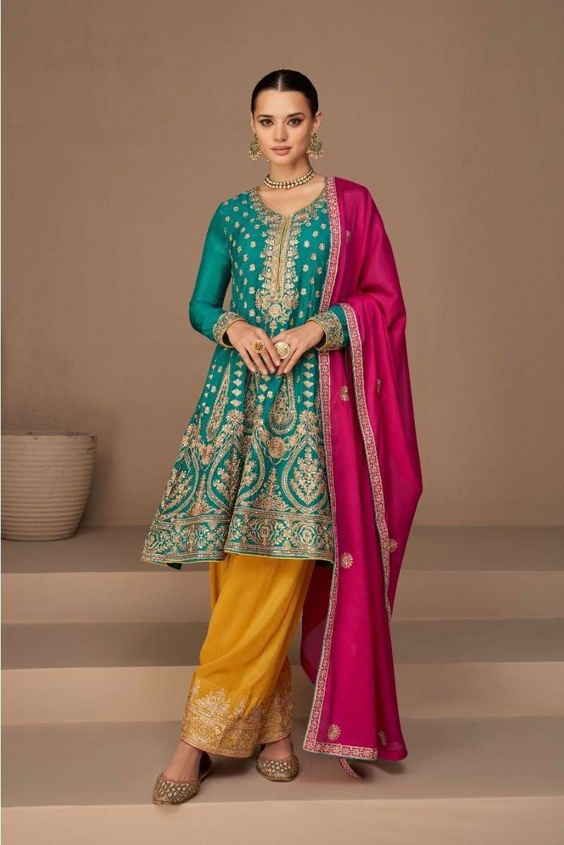 CELEBRITY STYLE DESIGNER RAMA YELLOW PARTY WEAR CHINON SILK SHARARA SALWAR SUIT IN HEAVY AF HEENA 9587