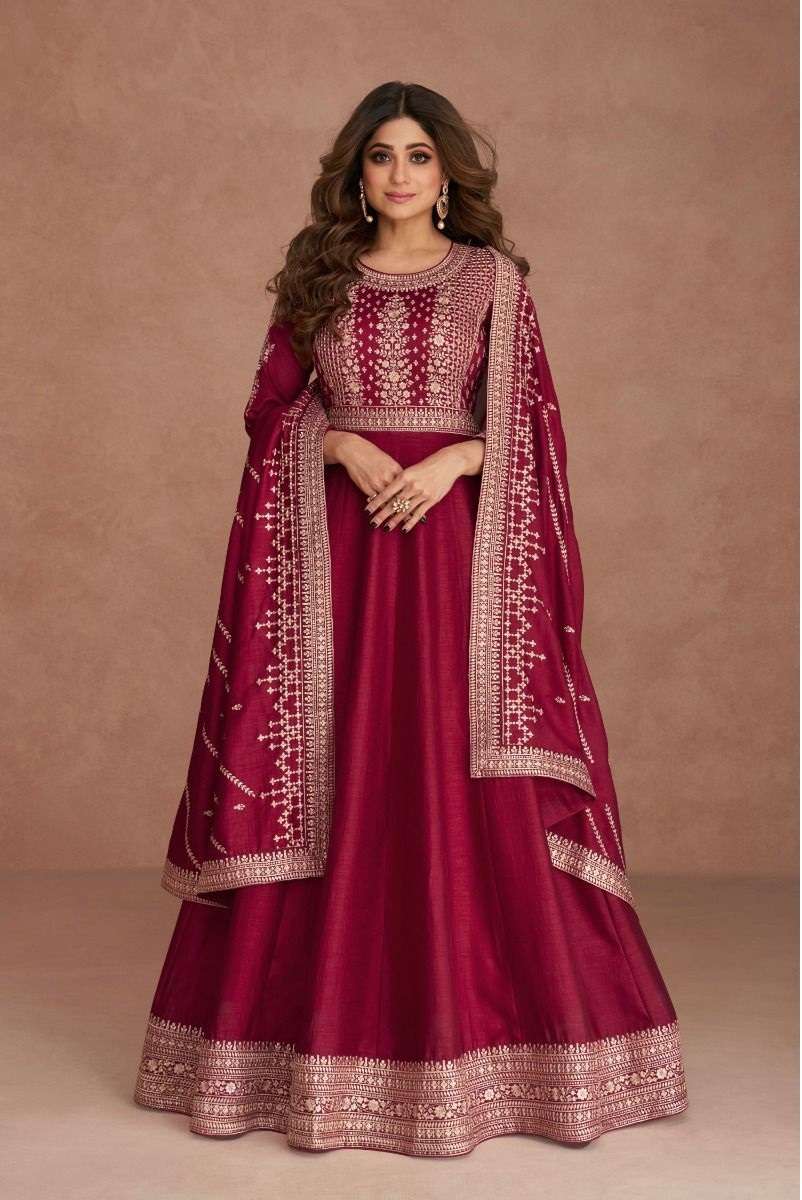 CELEBRITY STYLE DESIGNER RED ANARKALI PARTY WEAR SALWAR SUIT LONG GOWN IN PREMIUM CHINON SILK AF NAVYA 9518