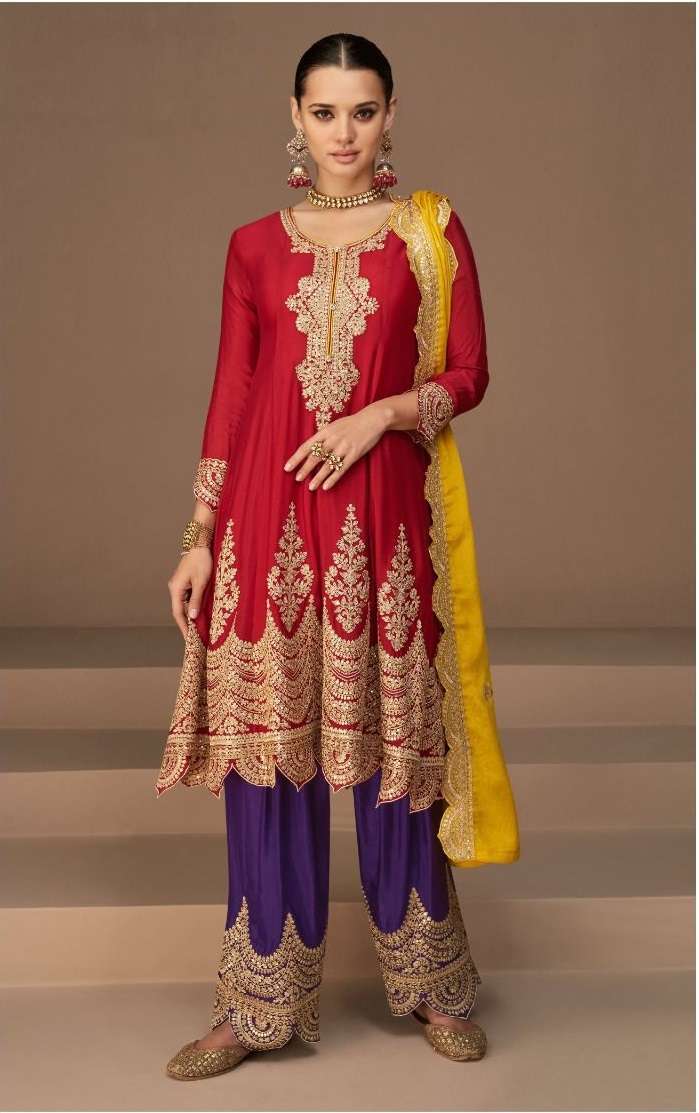 CELEBRITY STYLE DESIGNER RED PARTY WEAR CHINON SILK SHARARA SALWAR SUIT IN HEAVY AF HEENA 9589