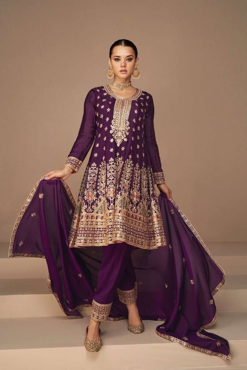 CELEBRITY STYLE DESIGNER WINE PARTY WEAR CHINON SILK SHARARA SALWAR SUIT IN HEAVY AF HEENA 9591