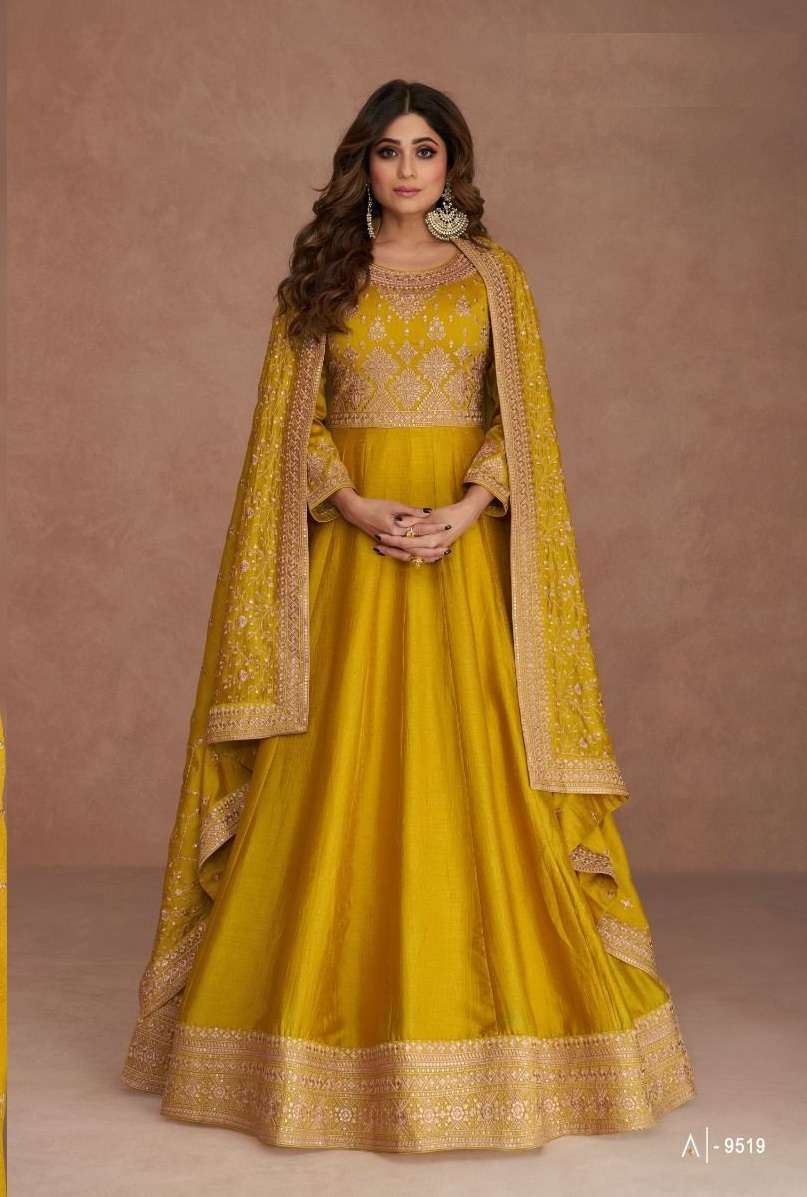 CELEBRITY STYLE DESIGNER YELLOW ANARKALI PARTY WEAR SALWAR SUIT LONG GOWN IN PREMIUM CHINON SILK AF NAVYA 9519