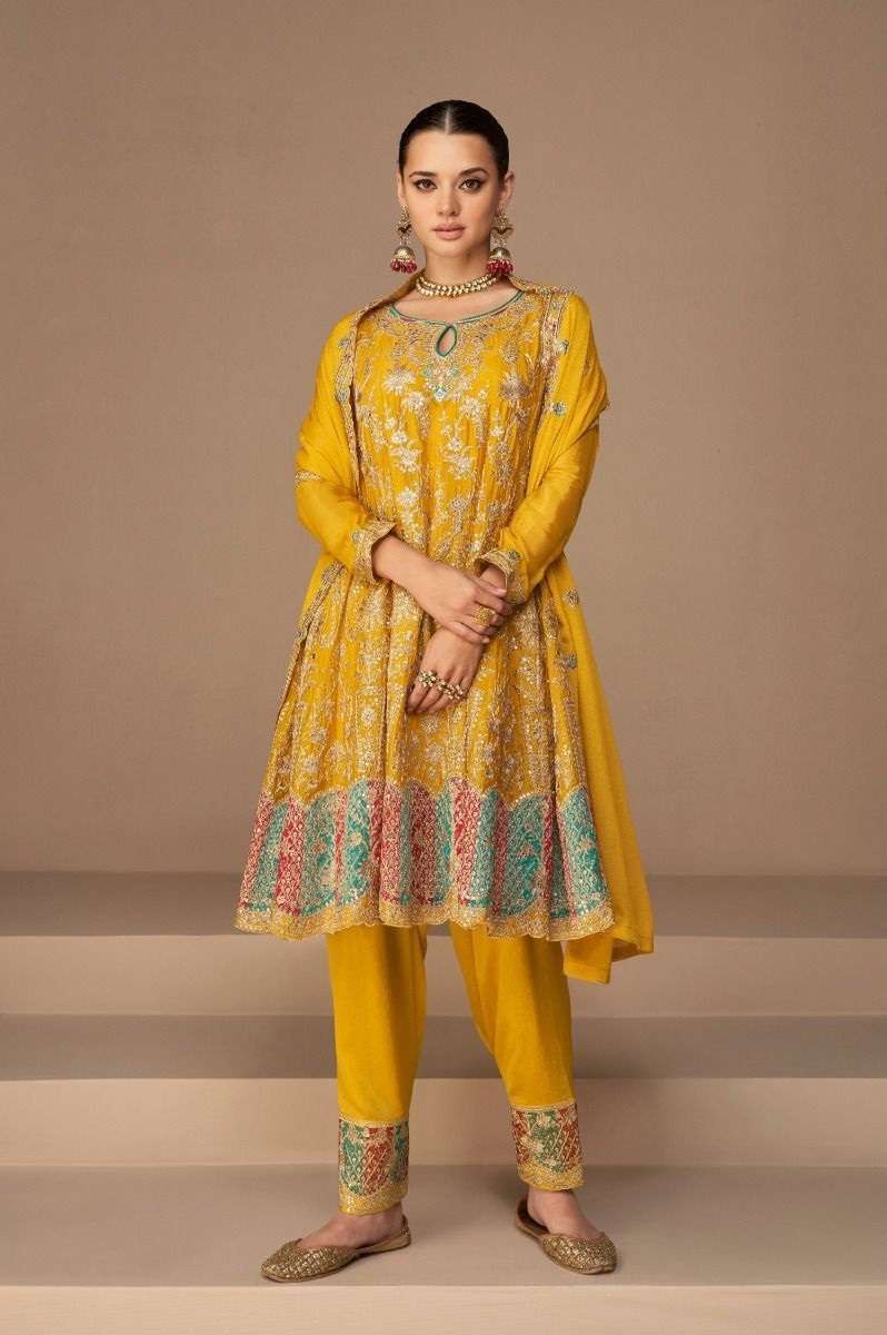 CELEBRITY STYLE DESIGNER YELLOW PARTY WEAR CHINON SILK SHARARA SALWAR SUIT IN HEAVY AF HEENA 9590