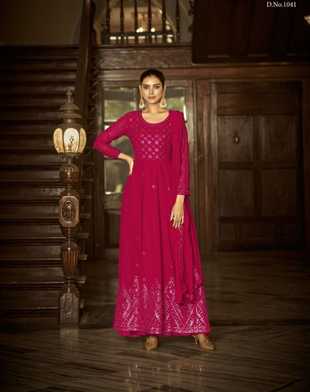 DEEP PINK DESIGNER ANARKALI PARTY WEAR SALWAR SUIT LONG GOWN IN PREMIUM GEORGETTE SM SABAH FIZA 1041