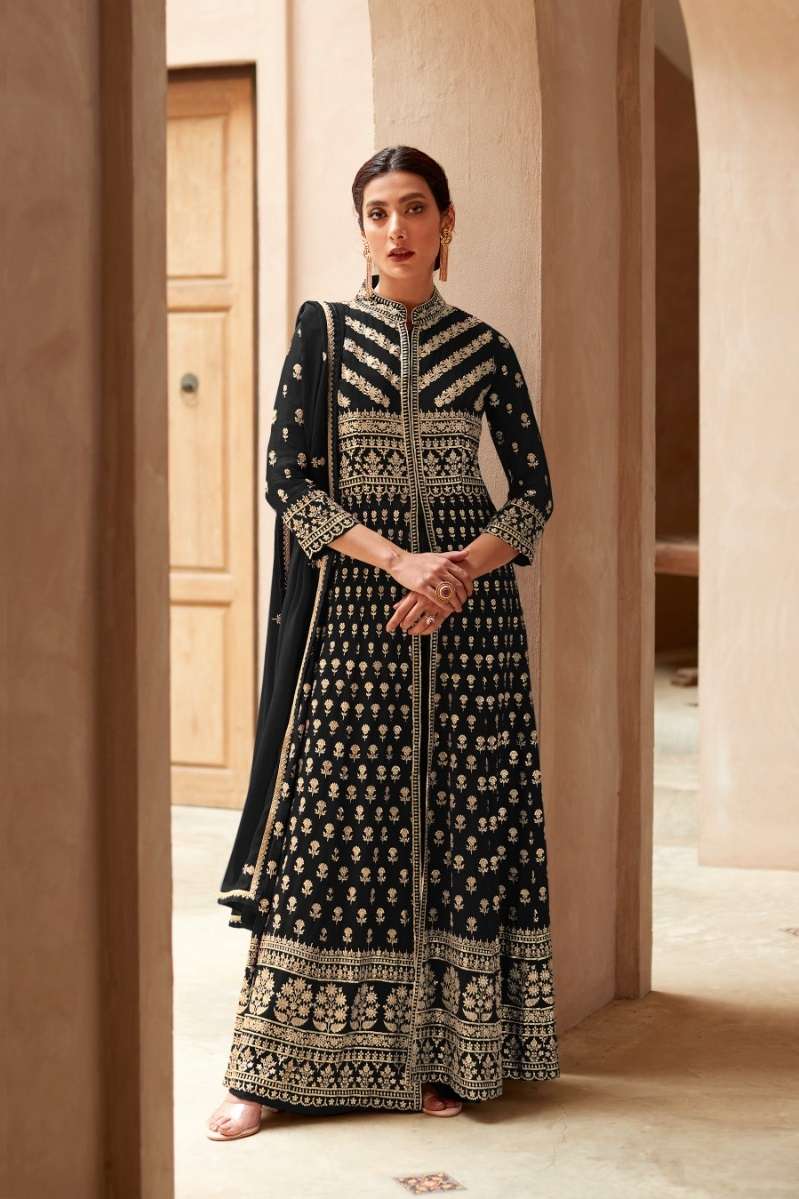 DESIGNER BLACK LONG ANARKALI GOWN SALWAR SUIT FOR WEDDING PARTY WEAR IN GEORGETTE FABRIC CPR ANANYA 9451D