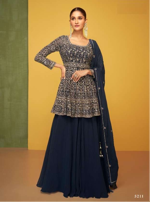 DESIGNER BLUE FANCY PARTY WEAR LONG ANARKALI BLUE GEORGETTE SALWAR SUIT RH SAYURI PETALS 5211