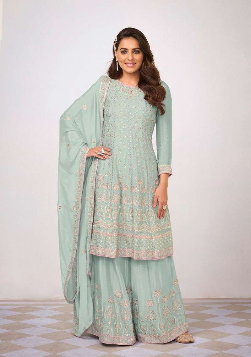 DESIGNER FANCY GREEN READYMADE WEDDING PARTY WEAR CHINON SHARARA SALWAR SUIT EB KIARA 1507