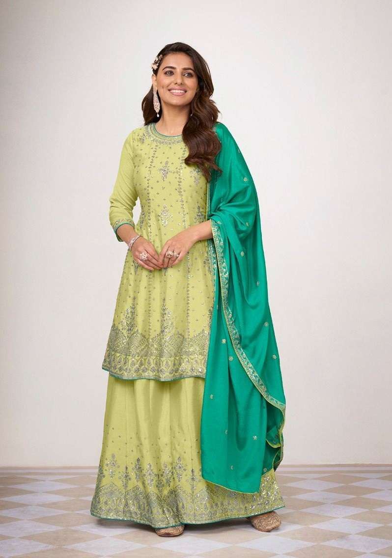 DESIGNER FANCY PISTA GREEN READYMADE WEDDING PARTY WEAR CHINON SHARARA SALWAR SUIT EB KIARA 1509