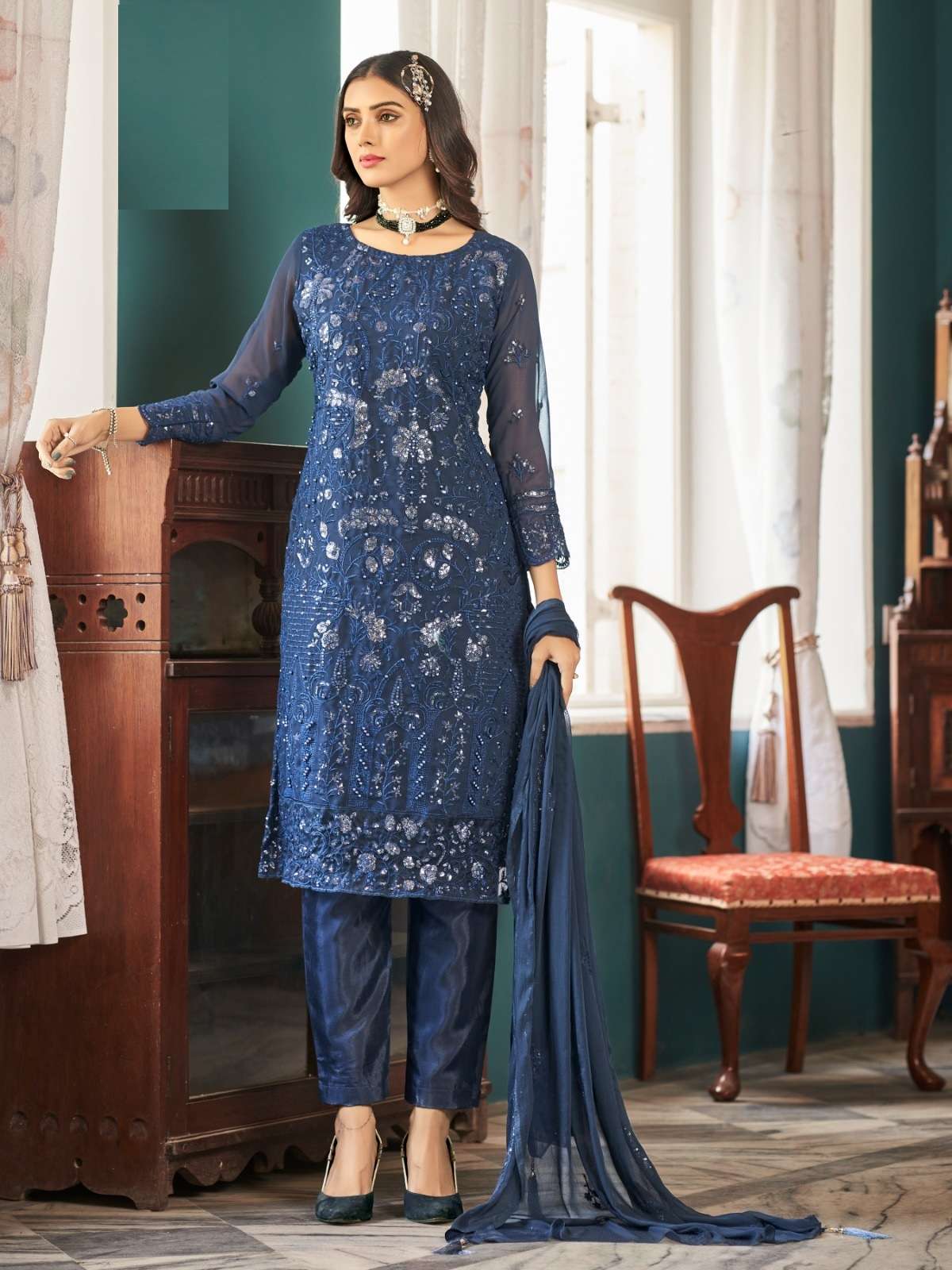 DESIGNER FANCY WEDDING PARTY BLUE PAKISTANI WEAR GEORGETTE SALWAR SUIT SABAH PAKIZA 2022