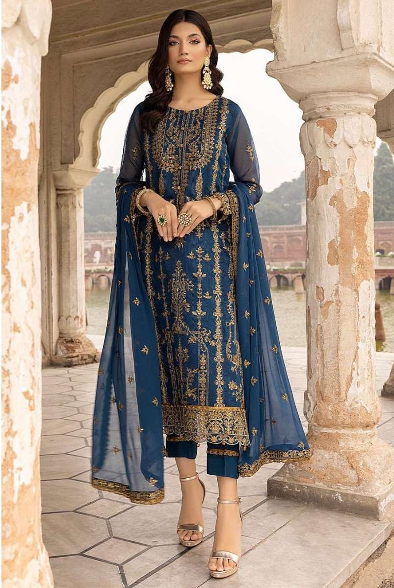 DESIGNER FANCY WEDDING PARTY FESTIVAL WEAR FAUX GEORGETTE BLUE STARIGHT PAKISTANI SALWAR SUIT CPR 1012A