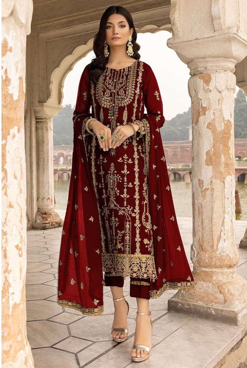 DESIGNER FANCY WEDDING PARTY FESTIVAL WEAR FAUX GEORGETTE RED STARIGHT PAKISTANI SALWAR SUIT CPR 1012B