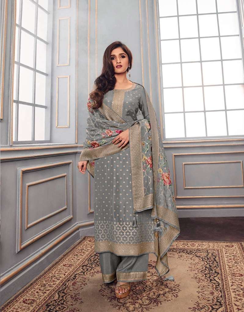 DESIGNER FANCY WEDDING PARTY FESTIVAL WEAR GREY DOLA SILK JACQUARD STARIGHT SALWAR SUIT VINAY ZAREENA 63424