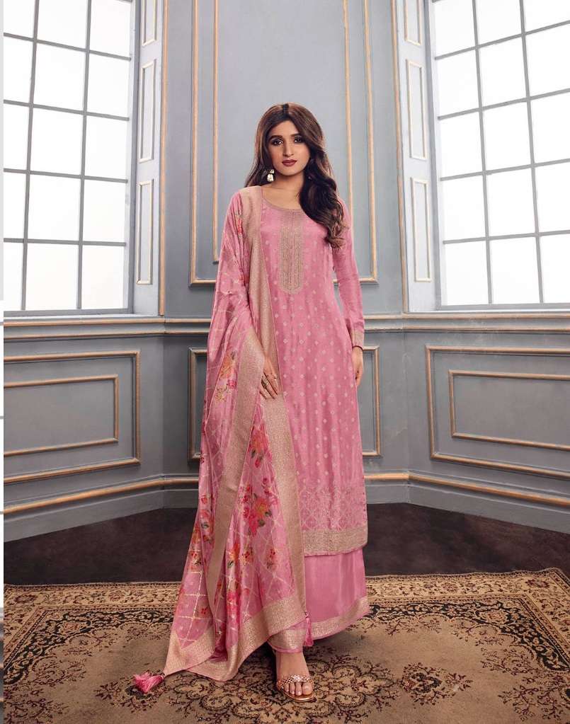 DESIGNER FANCY WEDDING PARTY FESTIVAL WEAR PINK DOLA SILK JACQUARD STARIGHT SALWAR SUIT VINAY ZAREENA 63421