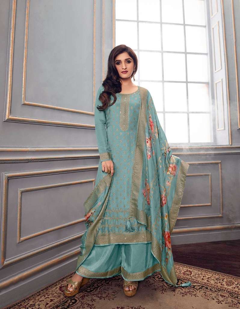 DESIGNER FANCY WEDDING PARTY FESTIVAL WEAR SKY DOLA SILK JACQUARD STARIGHT SALWAR SUIT VINAY ZAREENA 63422