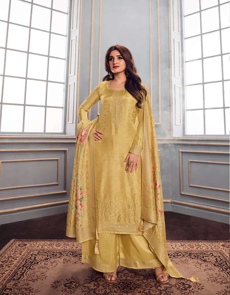 DESIGNER FANCY WEDDING PARTY FESTIVAL WEAR YELLOW DOLA SILK JACQUARD STARIGHT SALWAR SUIT VINAY ZAREENA 63428