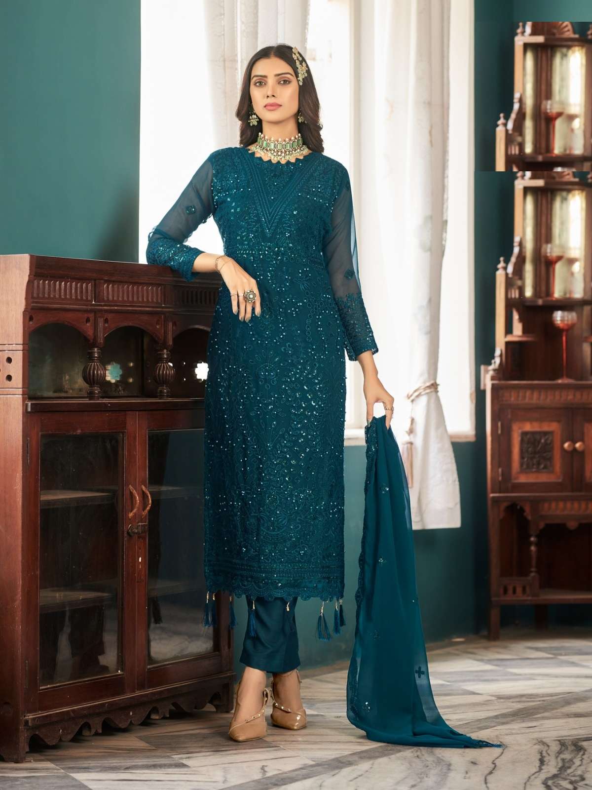 DESIGNER FANCY WEDDING PARTY RAMA GREEN PAKISTANI WEAR GEORGETTE SALWAR SUIT SABAH PAKIZA 2021