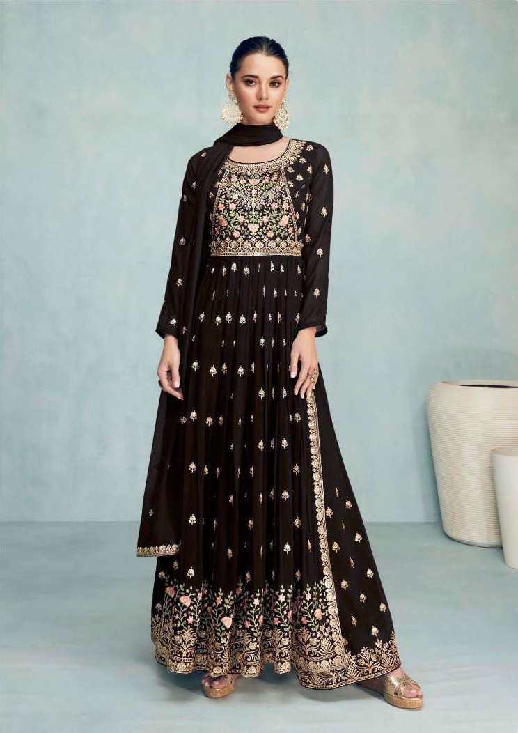 DESIGNER FANCY WEDDING PARTY WEAR BLACK GEORGETTE ANARKALI SALWAR SUIT GOWN GULKARIYA NAYRA 7206B