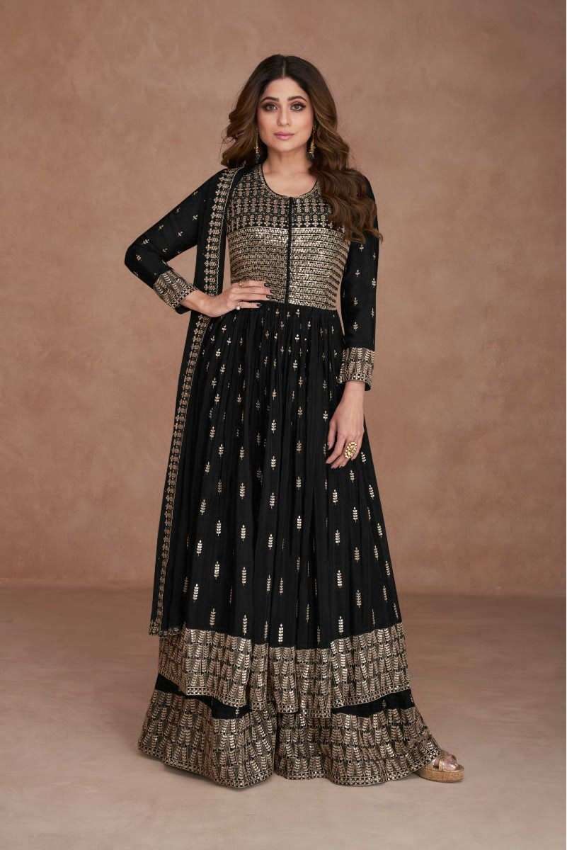 DESIGNER FANCY WEDDING PARTY WEAR BLACK NAYRA CUT GEORGETTE SHARARA SALWAR SUIT AF IDIKA 9540