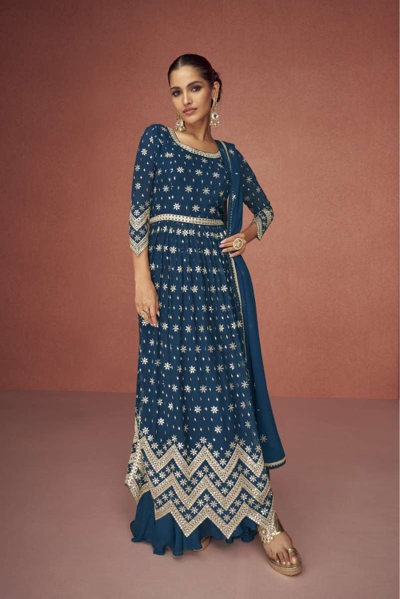 DESIGNER FANCY WEDDING PARTY WEAR BLUE GEORGETTE ANARKALI SHARARA SALWAR SUIT JG 9426A