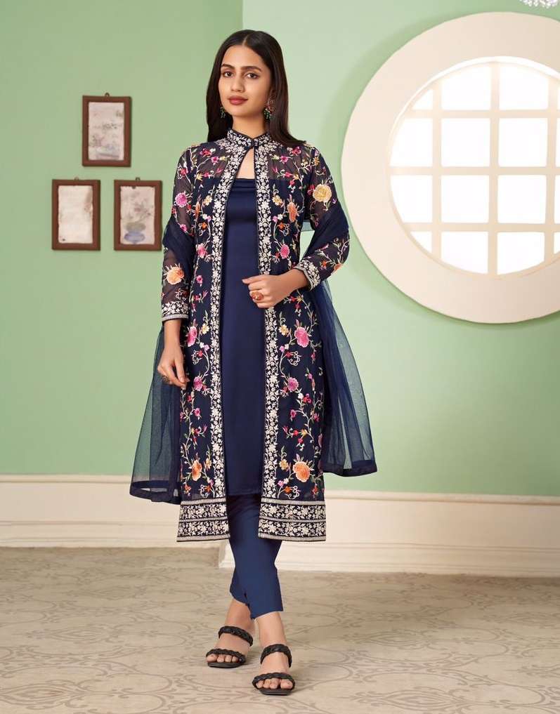 DESIGNER FANCY WEDDING PARTY WEAR BLUE GEORGETTE STRAIGHT SALWAR SUIT ALZ MURAD 2052C