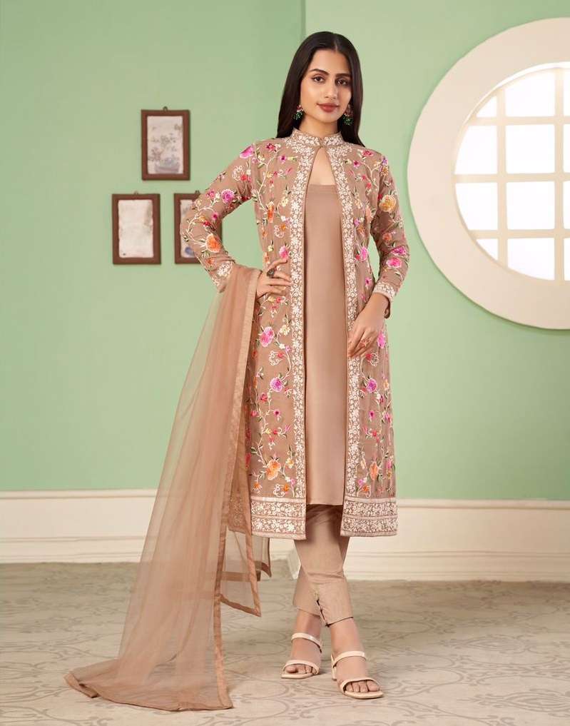 DESIGNER FANCY WEDDING PARTY WEAR CHIKU GEORGETTE STRAIGHT SALWAR SUIT ALZ MURAD 2052D