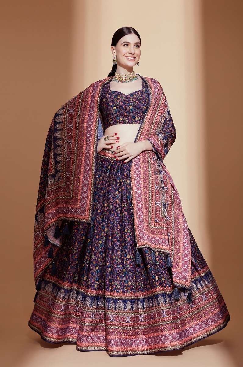 DESIGNER FANCY WEDDING PARTY WEAR CHINON CROCHET PRINTED PURPLE LEHENGA CHOLI PC 2111