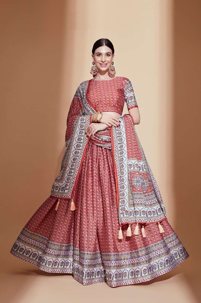 DESIGNER FANCY WEDDING PARTY WEAR CHINON CROCHET PRINTED PEACE LEHENGA CHOLI PC 2112