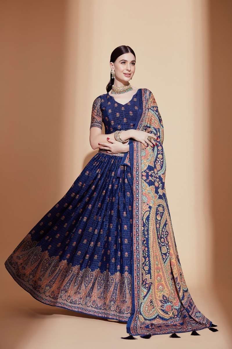 DESIGNER FANCY WEDDING PARTY WEAR CHINON CROCHET PRINTED BLUE LEHENGA CHOLI PC 2113