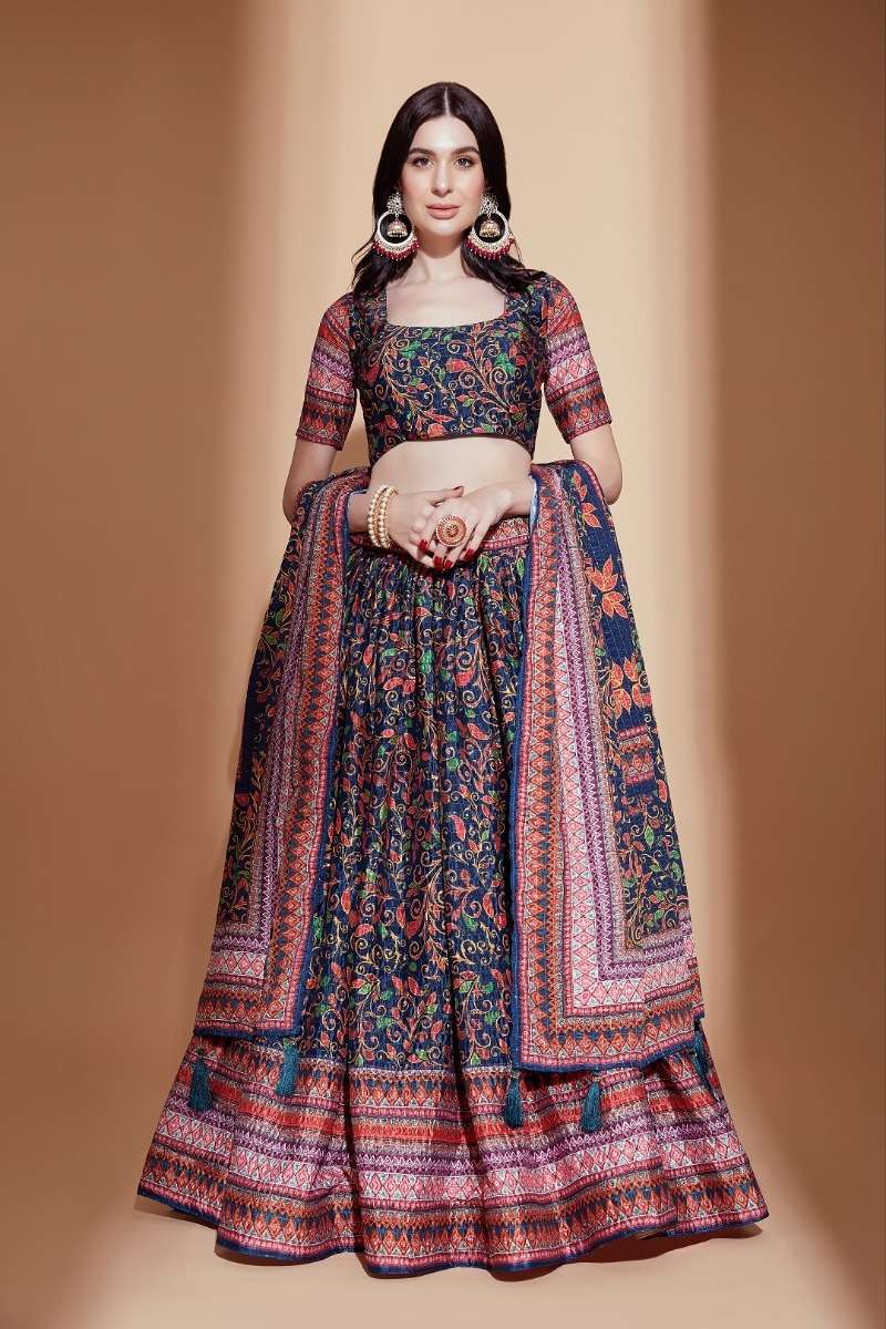 DESIGNER FANCY WEDDING PARTY WEAR CHINON CROCHET PRINTED BLUE LEHENGA CHOLI PC 2114