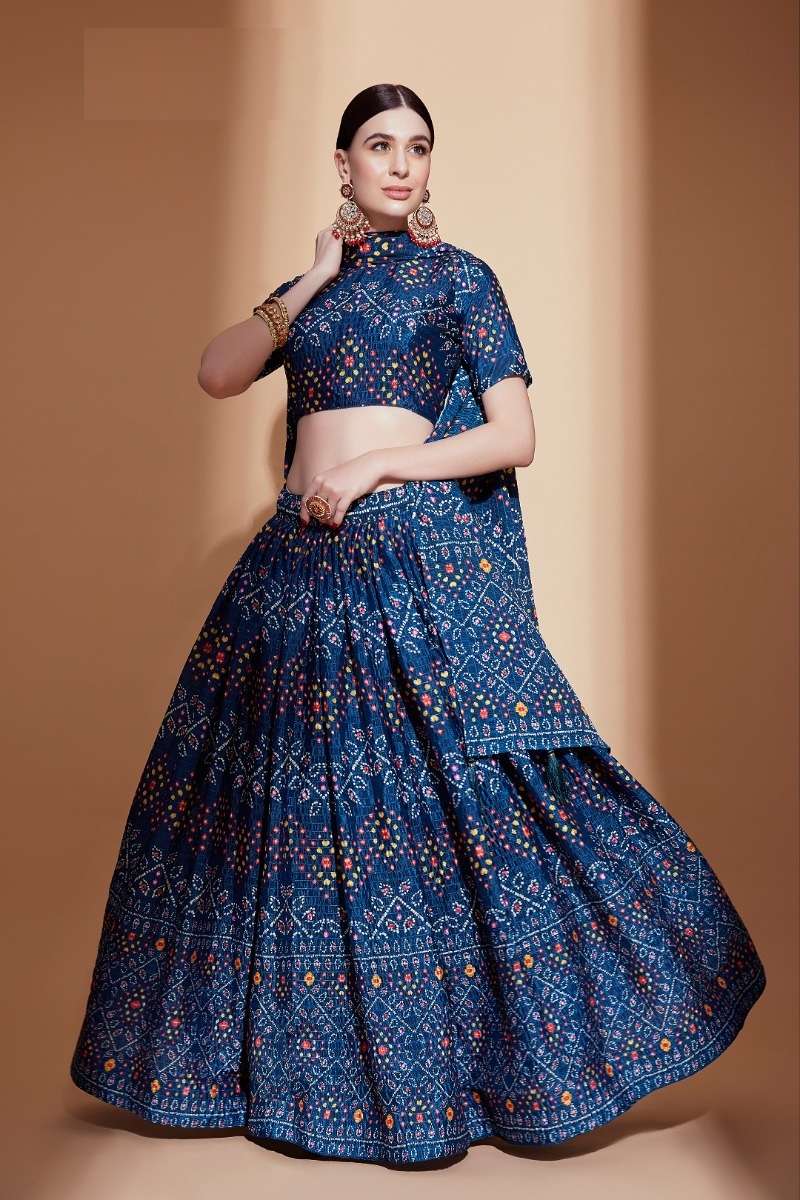 DESIGNER FANCY WEDDING PARTY WEAR CHINON CROCHET PRINTED BLUE LEHENGA CHOLI PC 2115