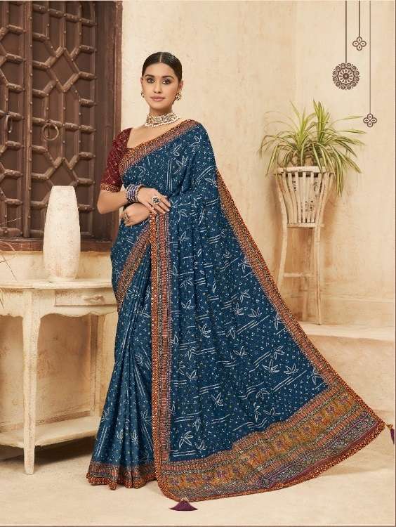 DESIGNER FANCY WEDDING PARTY WEAR DESIGNER BLUE CHINON SILK FABRIC SAREE SM KAVIRA PUNAM 207