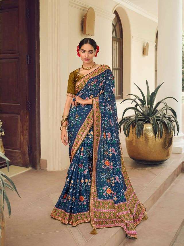 DESIGNER FANCY WEDDING PARTY WEAR DESIGNER BLUE PATOLA CHINON SILK FABRIC SAREE SM KAVIRA SYONEE 502