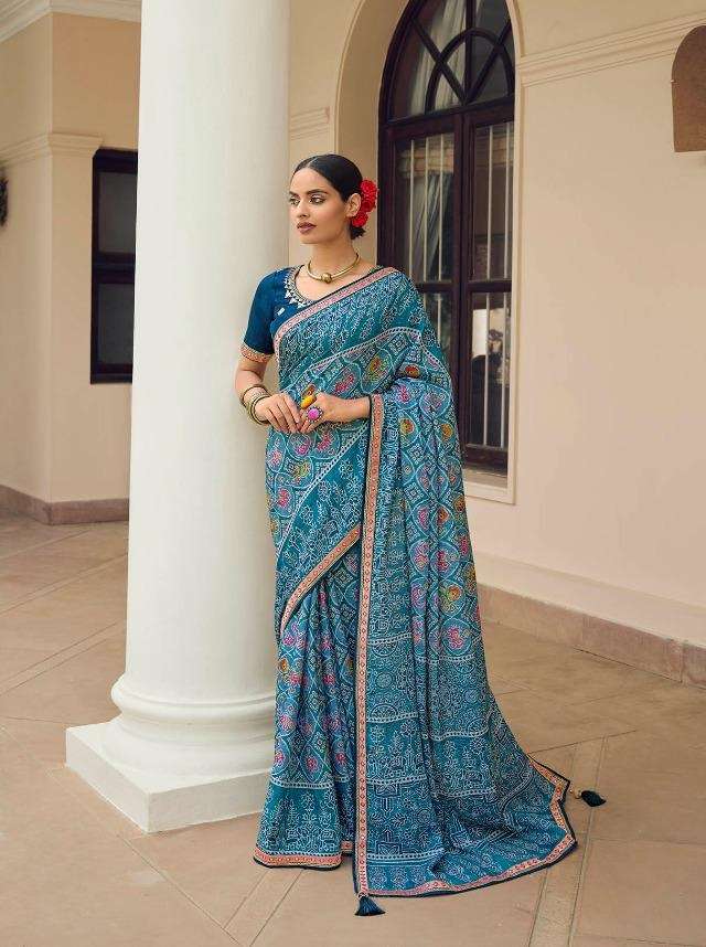 DESIGNER FANCY WEDDING PARTY WEAR DESIGNER BLUE PATOLA CHINON SILK FABRIC SAREE SM KAVIRA SYONEE 505