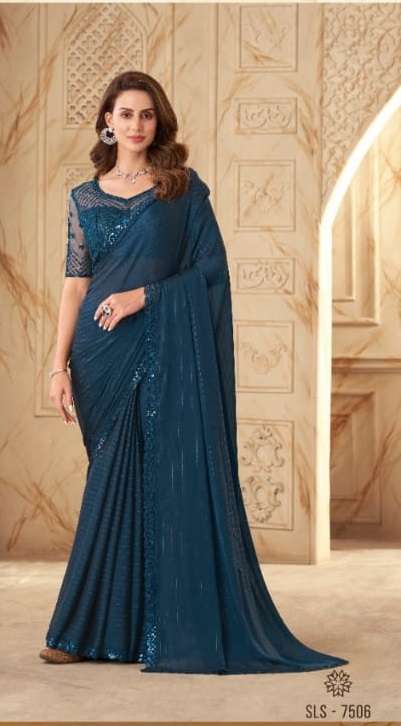 DESIGNER FANCY WEDDING PARTY WEAR DESIGNER BLUE SILK SAREE SM TFH SALSA 7506