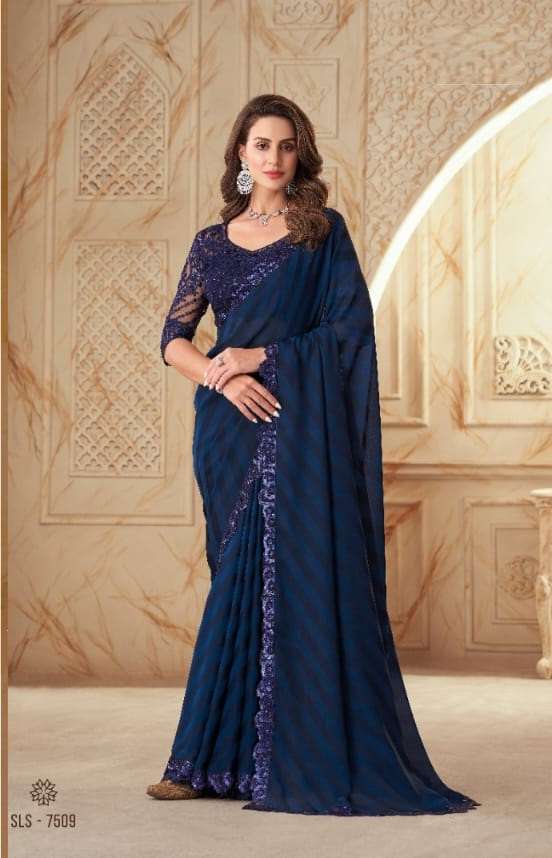 DESIGNER FANCY WEDDING PARTY WEAR DESIGNER BLUE SILK SAREE SM TFH SALSA 7509