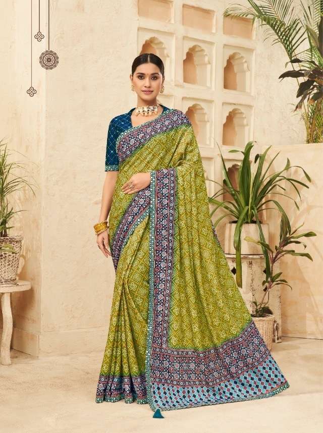 DESIGNER FANCY WEDDING PARTY WEAR DESIGNER CHINON GREEN SILK FABRIC SAREE SM KAVIRA PUNAM 202