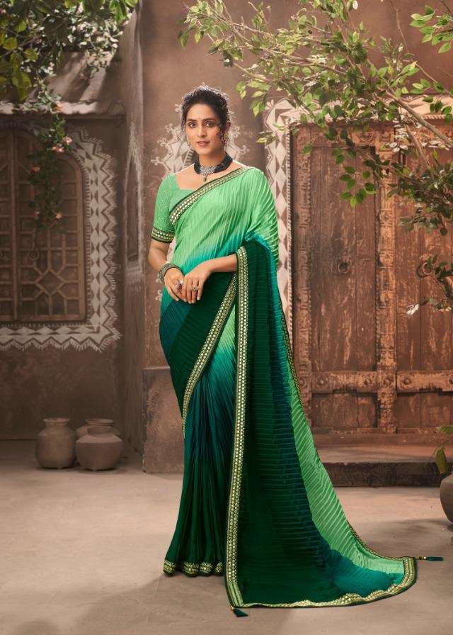 DESIGNER FANCY WEDDING PARTY WEAR DESIGNER CHIONON SILK CRUSHED GREEN SAREE JT KAVIRA SUHAN 4001